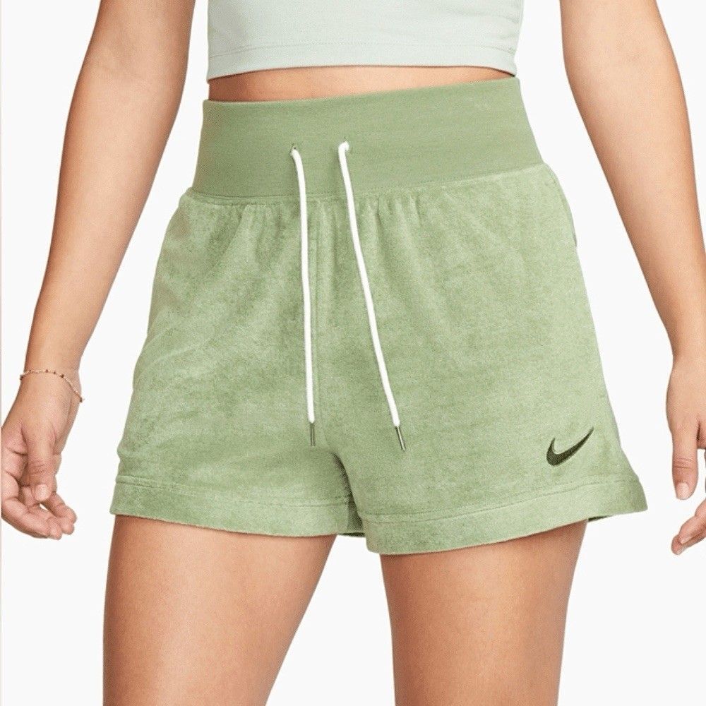 Nike Sportswear Women Terry Cloth Shorts Olive Athleisure Green High Waist Sz M